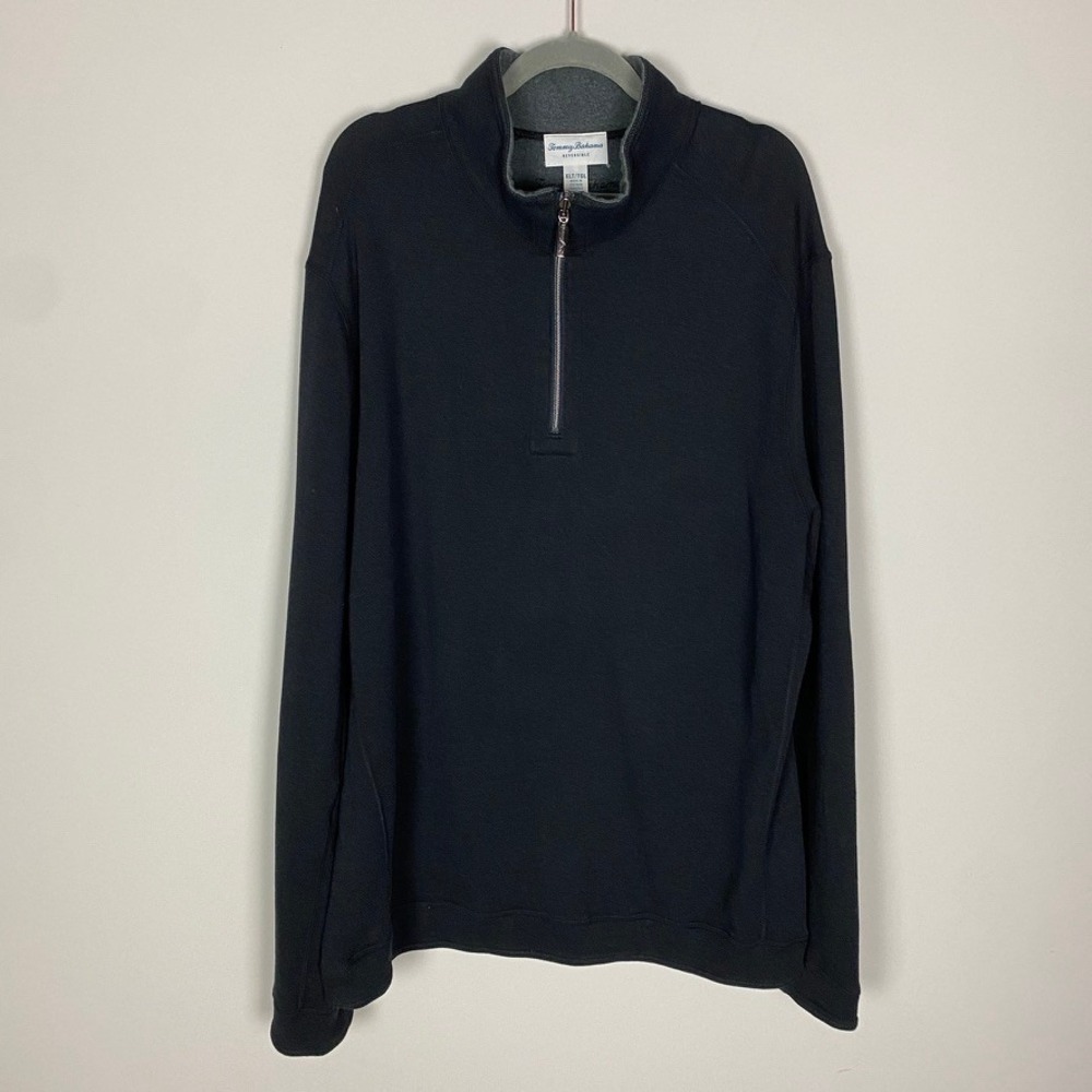 Tommy Bahama Mens Reversible Quarter Zip Pullover Sweater Black Grey XLT